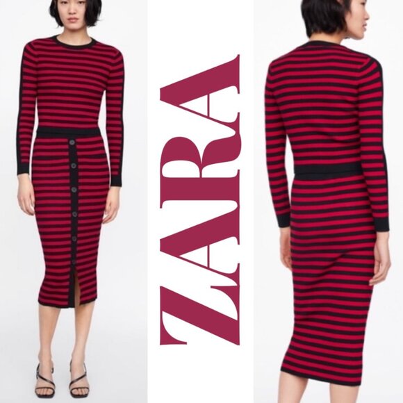ZARA NAUTICAL STRIPED RIBBED KNIT STRETCHY MIDI PENCIL SKIRT FALL RED BLACK, Med - Picture 1 of 9